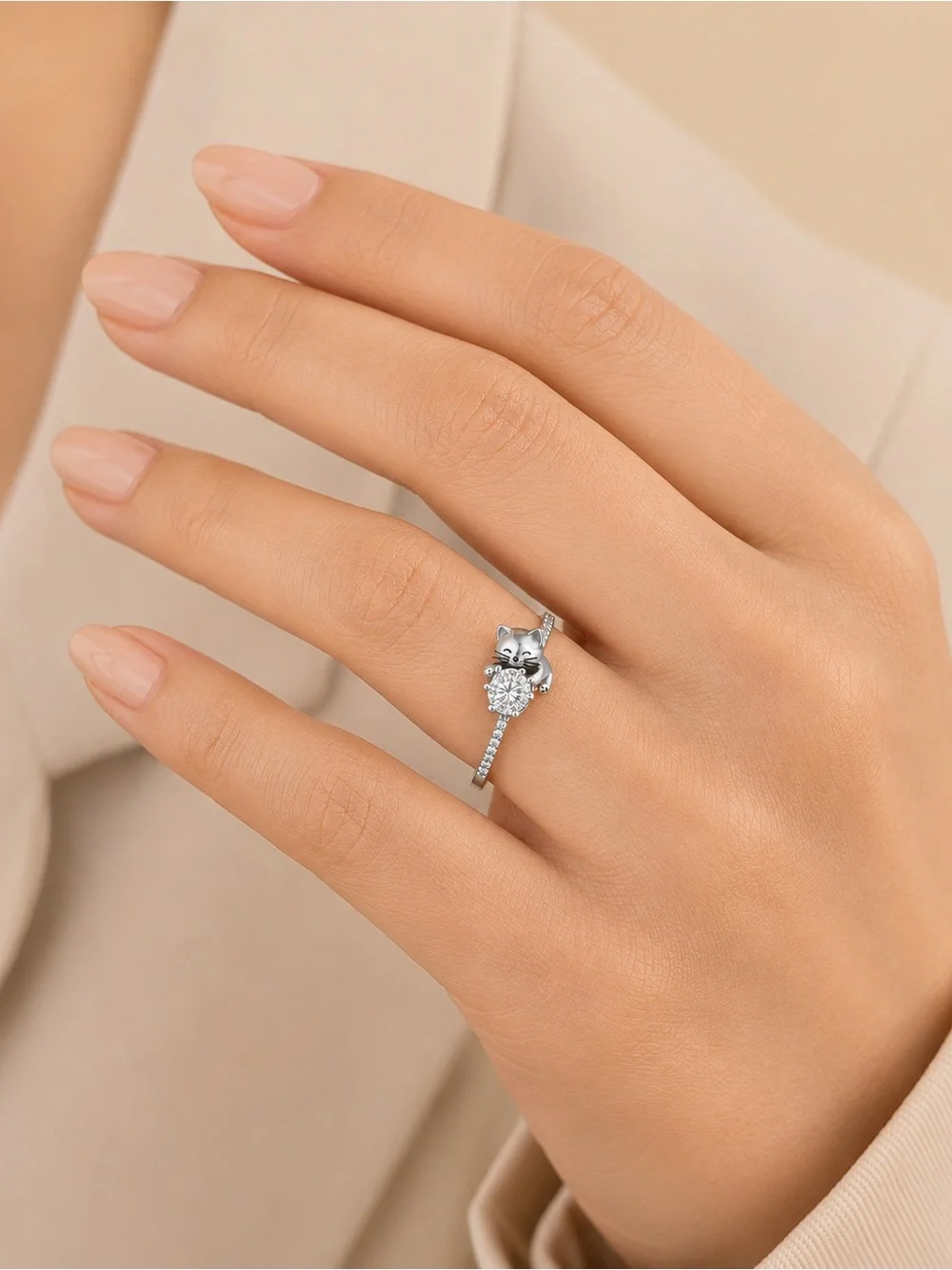 Silver Cat Crystal Ring - Cute Cat Paw Cocktail Ring